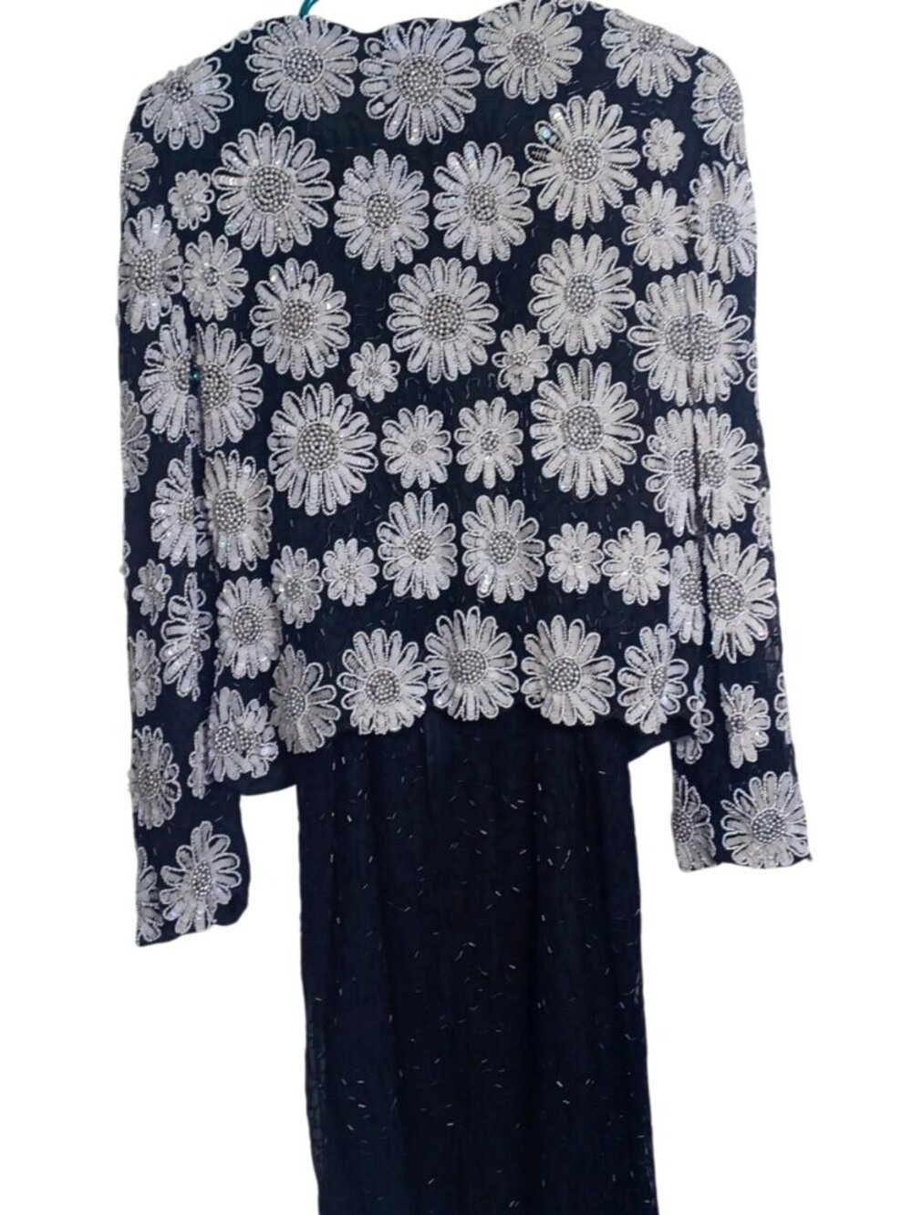 Pure Silk Black White Floral Hand Beaded Women M Vintage Evening Dress & Jacket - Picture 11 of 16